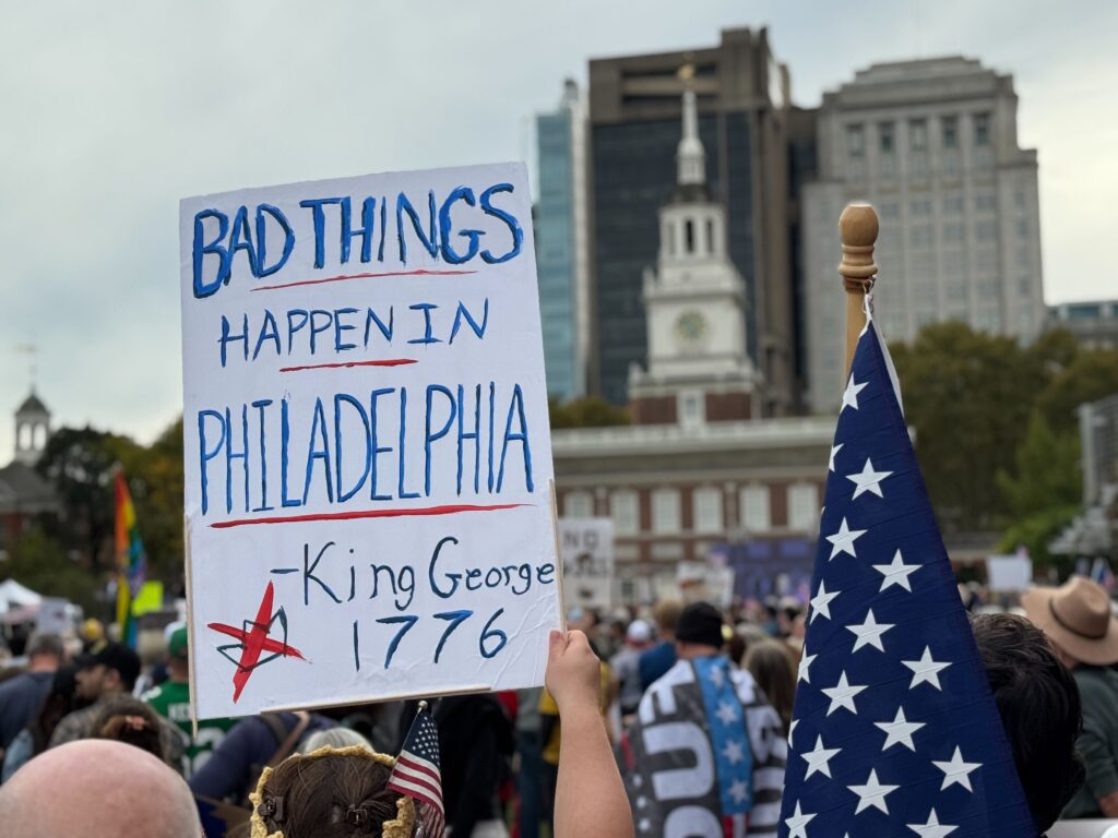 ‘’No Kings’’ protesters gather at Independence Mall in Philadelphia on Oct. 18, 2025.