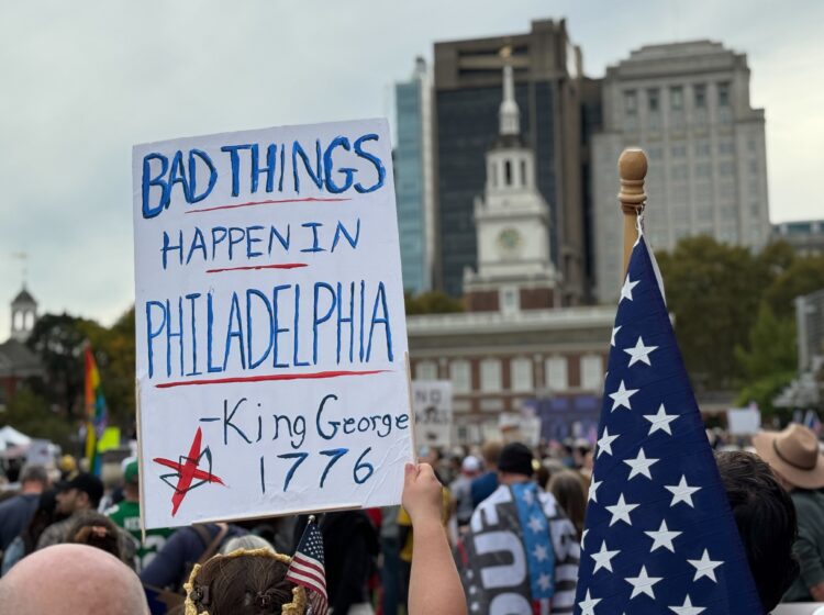 ‘’No Kings’’ protesters gather at Independence Mall in Philadelphia on Oct. 18, 2025.