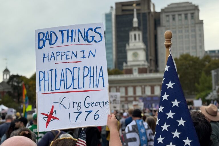 ‘’No Kings’’ protesters gather at Independence Mall in Philadelphia on Oct. 18, 2025.
