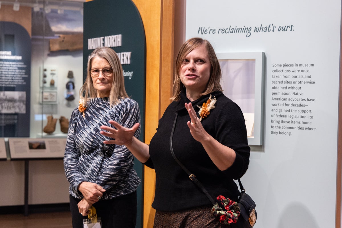 Megan Kassabaum (right) and Lucy Fowler speaking at new exhibit at Penn Museum