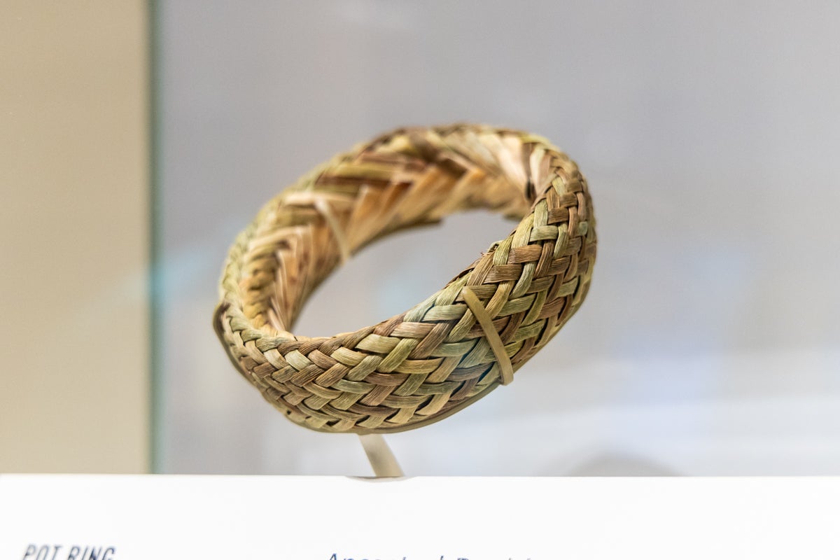 A pot ring woven from yucca grass by Christopher Lewis at the Penn Museum’s new gallery