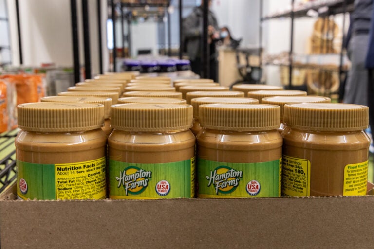 Peanut butter and jelly on shelves of the Bebashi-Transition to Hope food pantry in West Philadelphia