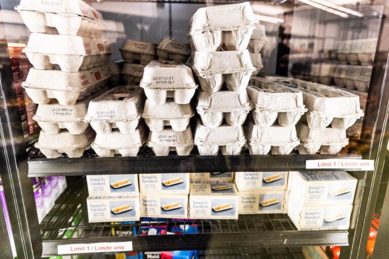 Eggs and butter in the fridge of the Bebashi-Transition to Hope food pantry in West Philadelphia