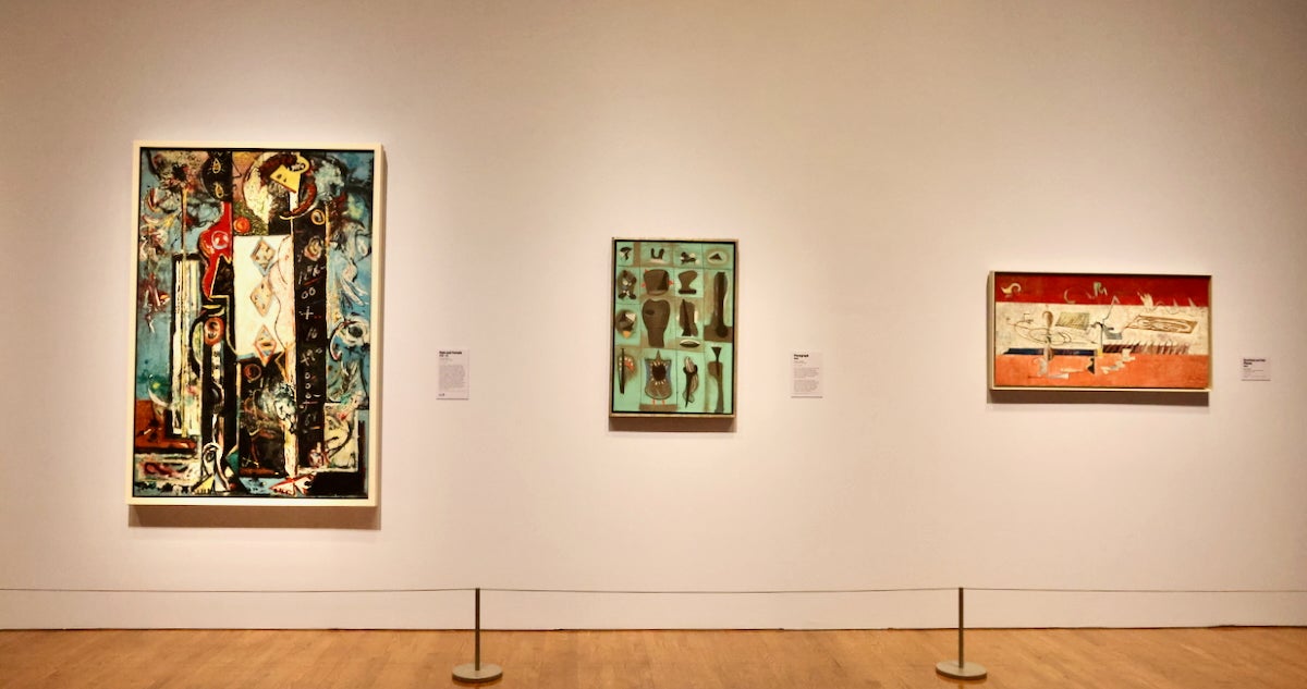 Works by (from left) Jackson Pollock, Adolph Gottlieb and Mark Rothko