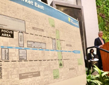 A map of the proposed redevelopment of Market East in Philadelphia is displayed