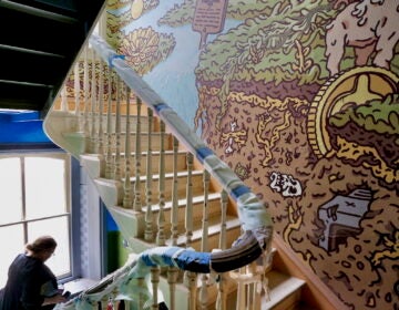 2025 11 11-e lee-philadelphia old city manufacturers national bank-ministry of awe art installation staircase mural Staircase art display for the ''Ministry of Awe