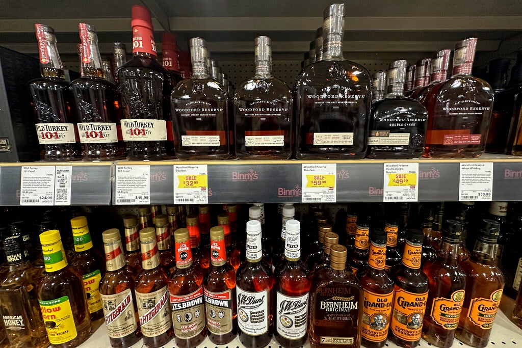 Bottles of Bourbon whiskey made in the United States are shown on display at a liquor store