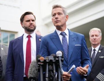 Transportation Secretary Sean Duffy, from right, speaks alongside Vice President JD Vance and Chris Sununu, president & CEO of Airlines for America,