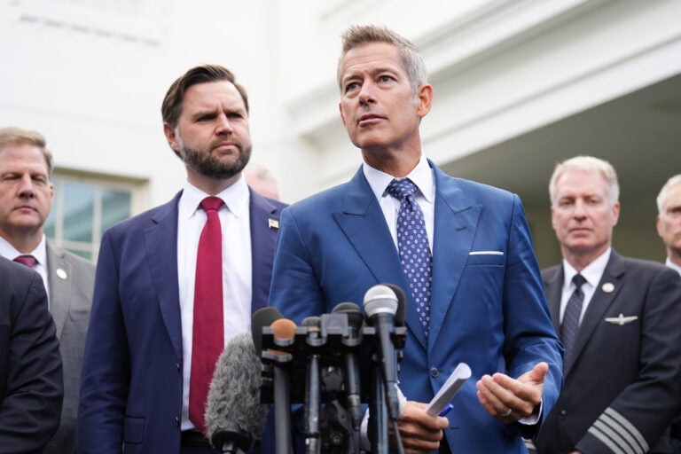 Transportation Secretary Sean Duffy, from right, speaks alongside Vice President JD Vance and Chris Sununu, president & CEO of Airlines for America,