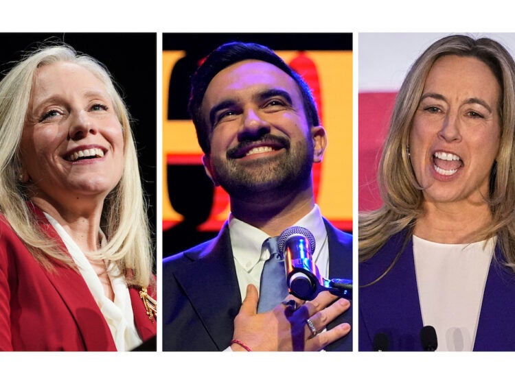 This combination of photos taken on Tuesday, Nov. 4, 2025, shows Abigail Spanberger in Richmond, Va., left, Zohran Mamdani in New York, center, and Mikie Sherrill in East Brunswick, N.J. (AP Photo/Stephanie Scarbrough, Yuki Iwamura and Matt Rourke)