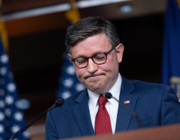 Speaker of the House Mike Johnson, R-La., makes a statement to reporters without taking questions following a vote in the Senate to move forward with a stopgap funding bill to reopen the government through Jan. 30, at the Capitol in Washington, Monday, Nov. 10, 2025. (AP Photo/J. Scott Applewhite)