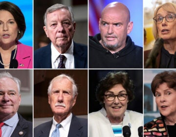 This combination photo of eight senators who are facing criticism from the Democratic party for their deal to end the government shutdown shows Sen. Catherine Cortez Masto, D-Nev., top row from left, Senate Judiciary Committee Chairman Dick Durbin, D-Ill., Sen. John Fetterman, D-Pa., Sen. Maggie Hassan, D-N.H., and bottom row from left, Sen. Tim Kaine, D-Va., Sen. Angus King, I-Maine, Sen. Jacky Rosen, D-Nev., and Sen. Jeanne Shaheen, D-N.H. (AP Photo)