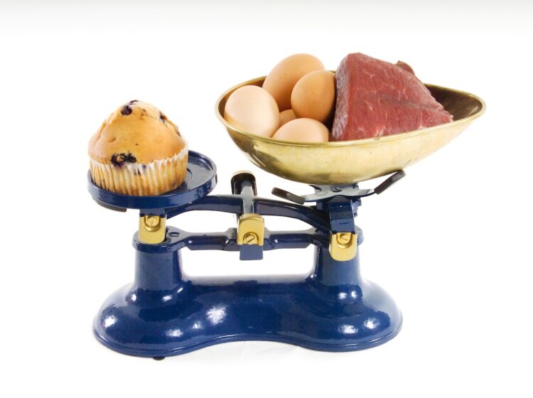 A muffin and protein rich foods on a scale. (Karens4/Bigstock)