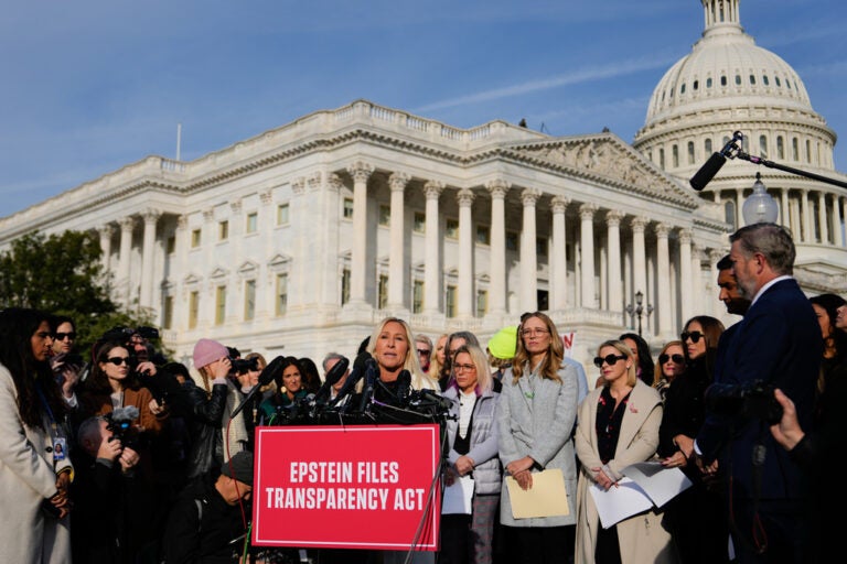 Rep. Marjorie Taylor Greene, R-Ga., speaks during a news conference on the Epstein Files Transparency Act