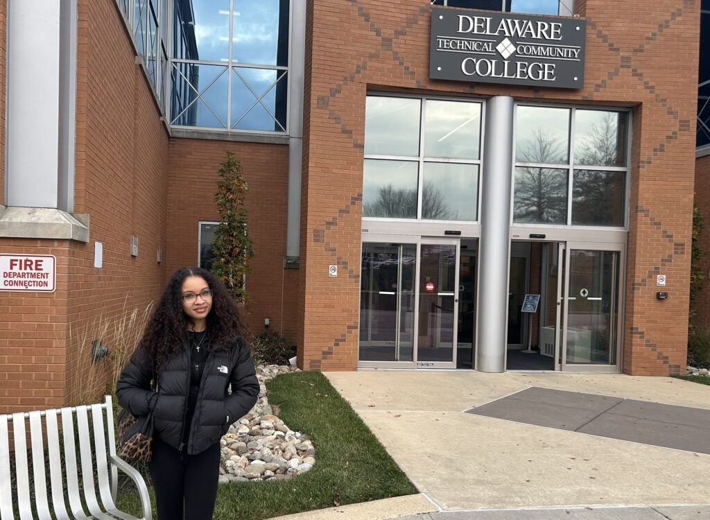 Jenaya Vann in front of Delaware Technical Community College