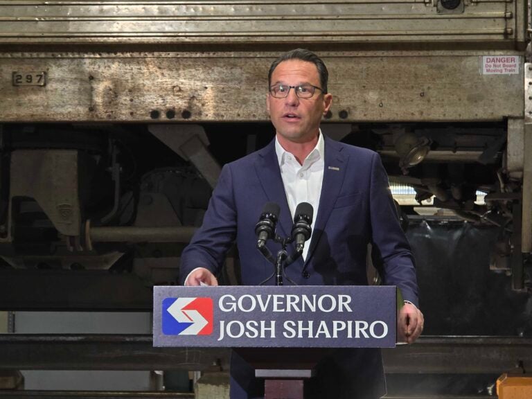 Gov. Josh Shapiro speaks after touring a SEPTA rail shop