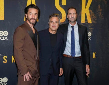Actors Tom Pelphrey, from left, and Mark Ruffalo, and series creator Brad Ingelsby attend the HBO Original drama series Task premiere