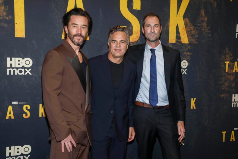 Actors Tom Pelphrey, from left, and Mark Ruffalo, and series creator Brad Ingelsby attend the HBO Original drama series Task premiere