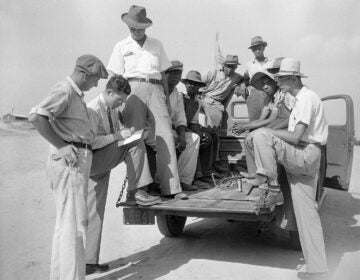 archival photo of workers sitting in the back of a pickup truck