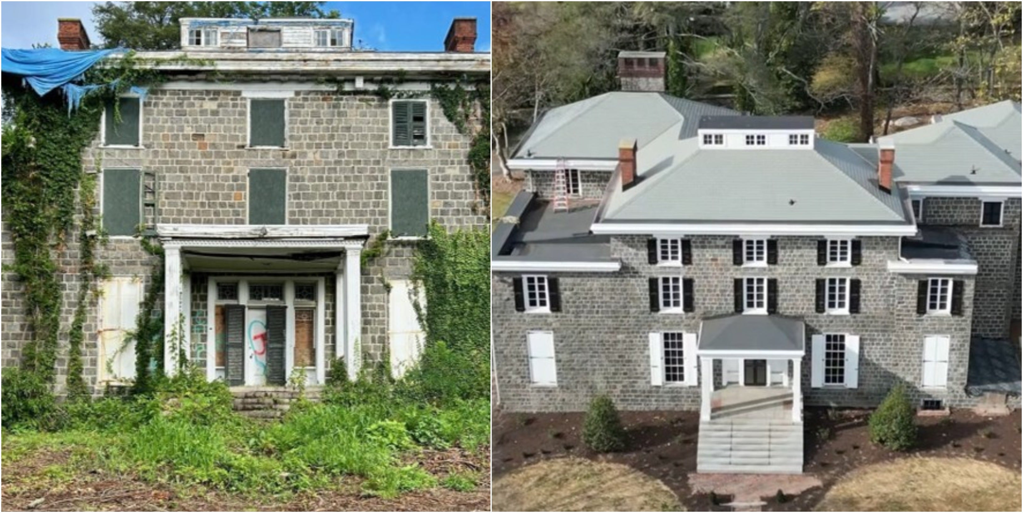 side-by-side photos of the old roof and the fixed roof at the Gibraltar home