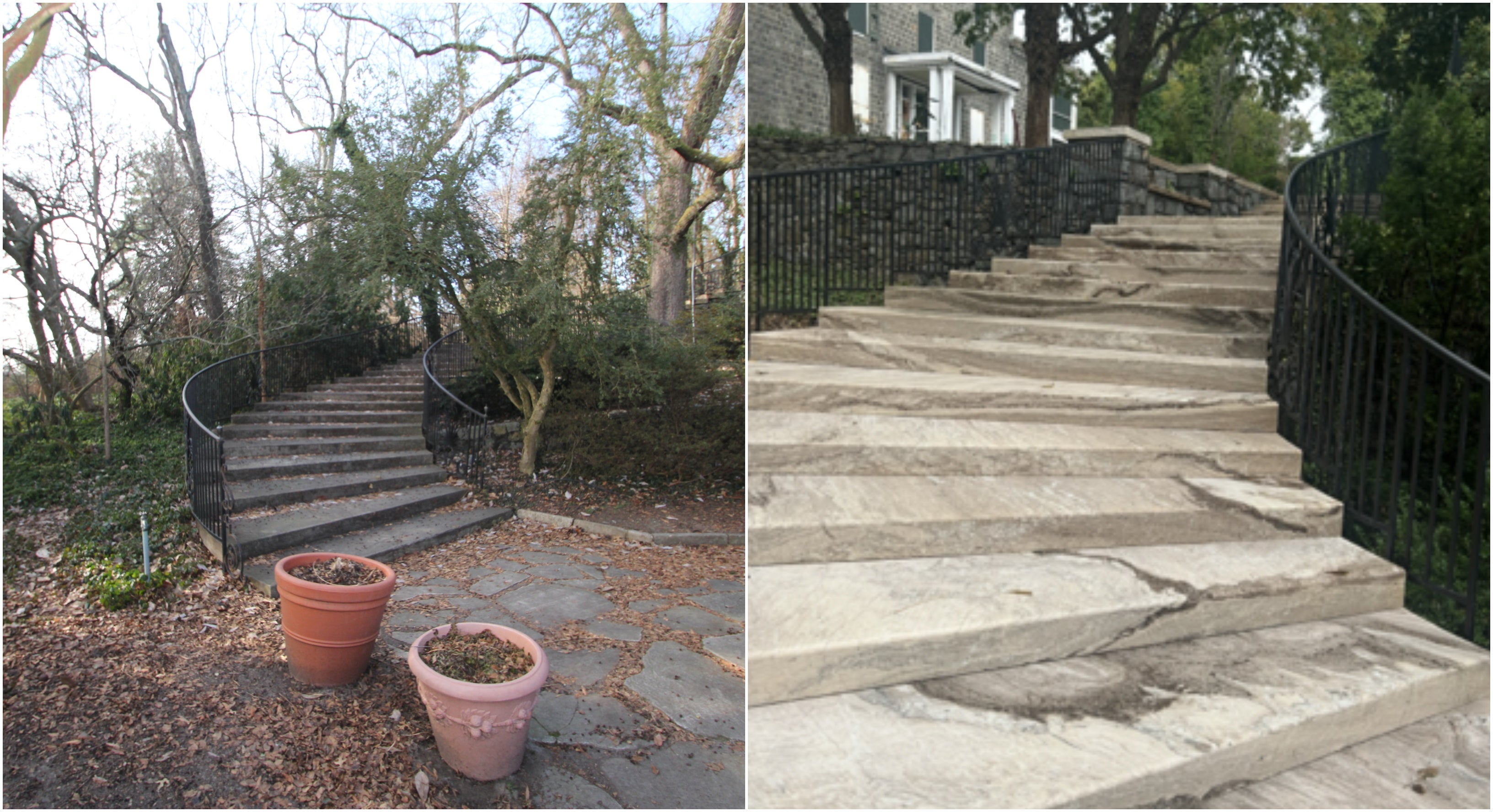 side-by-side photos of the old staircase and it restored at the Gibraltar home