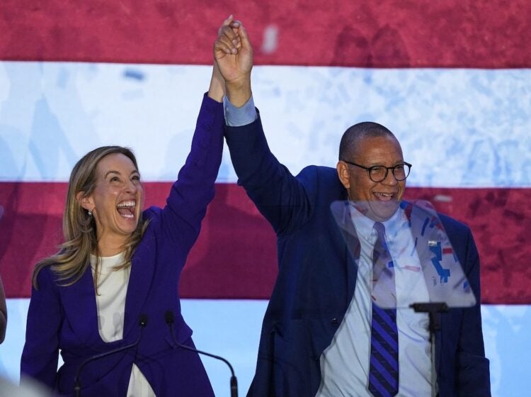 Gov. elect Mikie Sherrill and Lt. Gov. elect Dale Caldwell celebrate