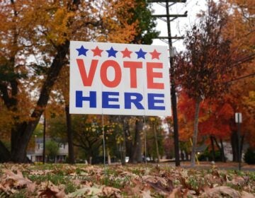 A ''Vote Here'' sign indicates a polling place in Cherry Hill, Tuesday, N.J., Oct. 28, 2025.