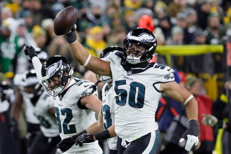 Philadelphia Eagles linebacker Jaelan Phillips (50) celebrates a fumble recovery against the Green Bay Packers during the first half of an NFL football game Monday, Nov. 10, 2025, in Green Bay, Wis.
