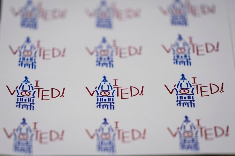 ''I Voted'' stickers are displayed at the Philadelphia election warehouse in Philadelphia on Oct. 25, 2024.