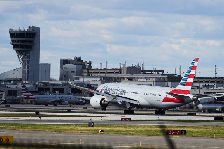 An aircraft lands at Philadelphia International Airport