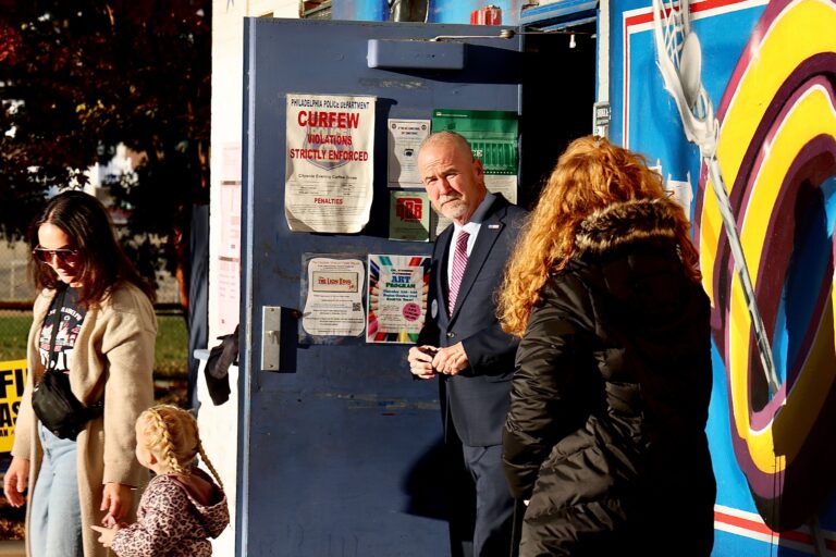 Philadelphia District Attorney candidate Patrick Dugan leaves Corporal Jimmy O'Connor Memorial Recreation Center after casting his ballot.
