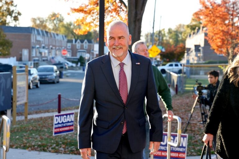 Philadelphia District Attorney candidate Patrick Dugan arrives at Corporal Jimmy O'Connor Memorial Recreation Center to cast his ballot.