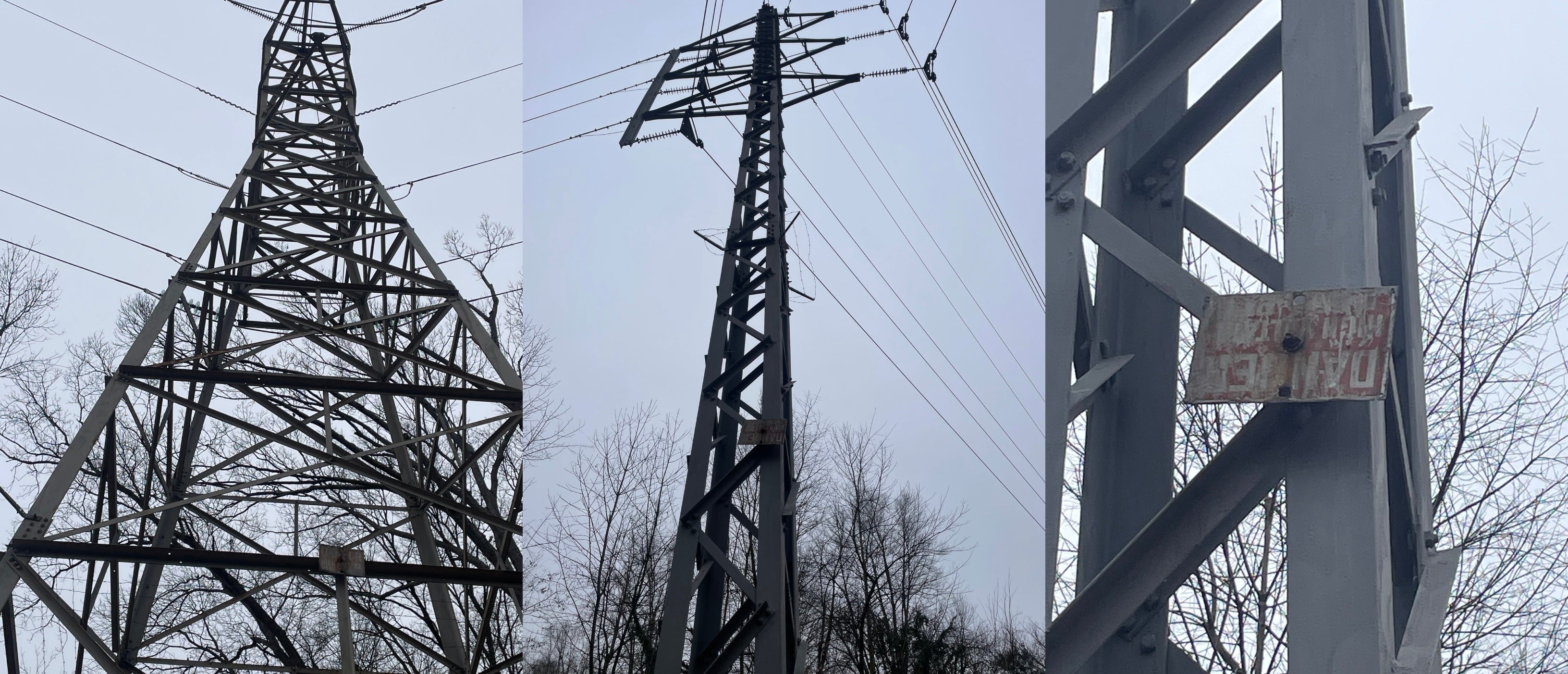 three photos of transmission towers