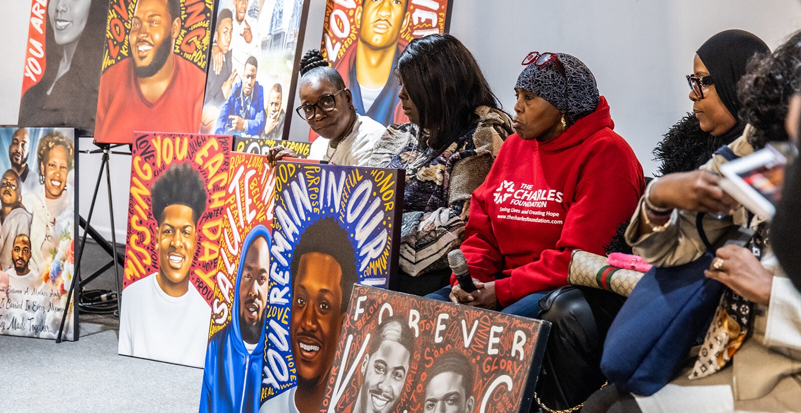 A panel of grieving mothers at the Peace in Philly event organized by Philadelphia City Council President Kenyatta Johnson, The Apologues and NoGunZone. The community healing event centered loved ones of gun violence victims in the city’s 2nd District on Dec. 2, 2025. (Kimberly Paynter/WHYY)