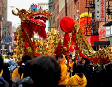 2025 02 02-c sharber-philadelphia-lunar new year People holding up a long flying dragon while marching down the street as part of the Lunar New Year parade in Philadelphia's Chinatown.