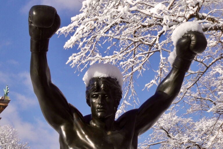 The statue of Rocky Balboa which sits in front of the Philadelphia Museum of Art is covered in a little snow after a winter storm.