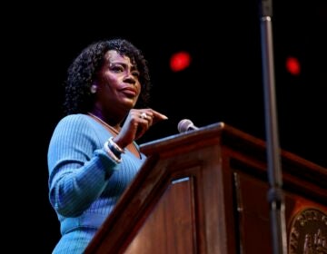 2025 12 19-e lee-cherelle parker-philadelphia temple performing arts center-state of the city point Cherelle Parker is on stage speaking at a podium