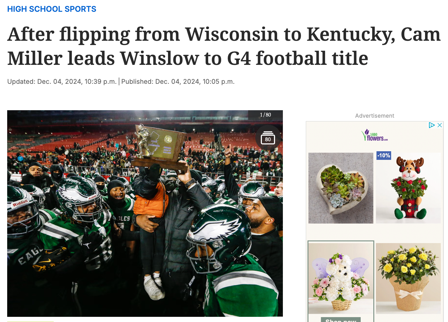 Headline from Courier Post discussing Winslow Eagles alum Cam Miller's committement to Kentucky.