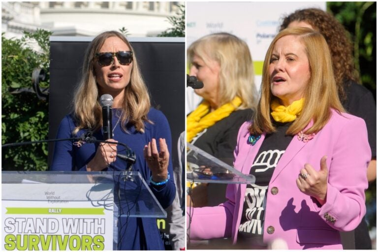 (Annie Farmer and Liz Stein speaking at a Stand with Survivors Rally on Capitol Hill, Wednesday, Sept. 3, 2025, in Washington. (AP Photo/Rod Lamkey, Jr.)
