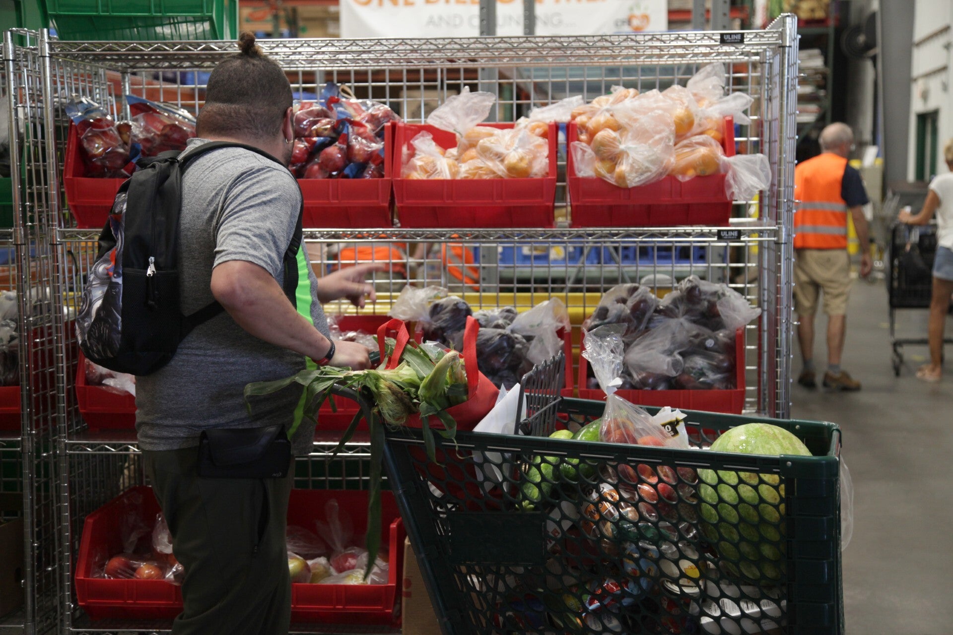 a person looks through a shelf of food