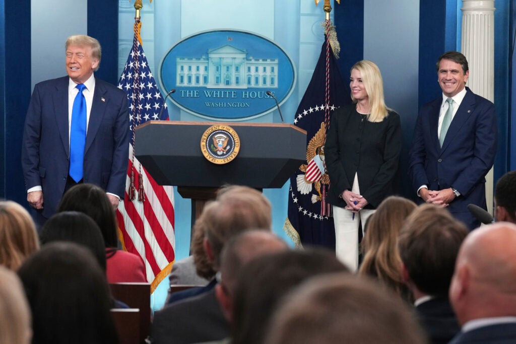 President Donald Trump (left), U.S. Attorney General Pam Bondi (center) and U.S. Deputy Attorney General Todd Blanche during a press briefing at the White House in June.