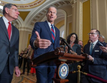 Congress Health Care Senate Majority Leader John Thune, R-S.D., joined at left by Sen. John Barrasso, R-Wyo., speaks to reporters after a closed-door meeting with fellow Republicans