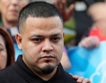 Kilmar Abrego Garcia joins supporters in a protest rally outside the Immigration and Customs Enforcement field office in Baltimore