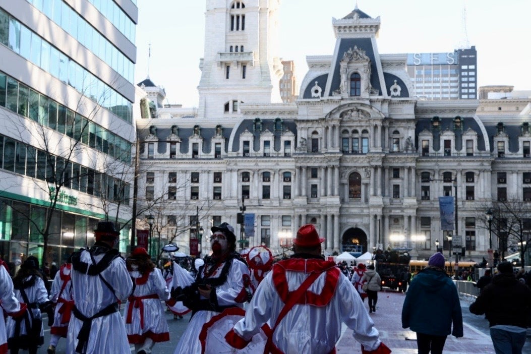 Performers are seen at the 125th Mummers Parade outside City Hall in Philadelphia on Jan. 1, 2026.