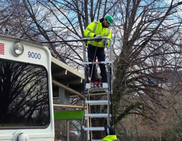 septa-workers-t-macdonald-2025-12-17-2 Worker up on a ladder working on a power line