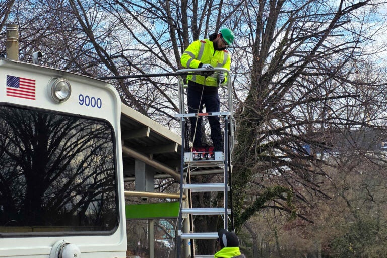 Worker up on a ladder working on a power line