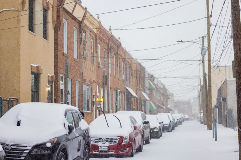 A residential street during a snowstorm, every car is covered in snow