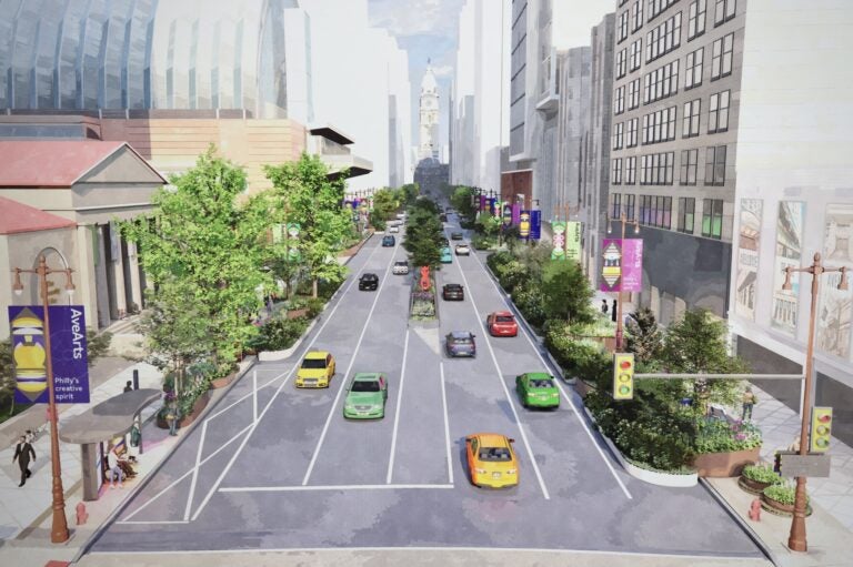 A rendering of what South Broad Street would look like facing North, with large sections with trees and bushes on either side of the street and the median.