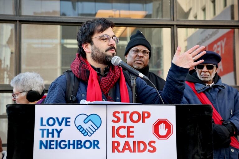 Dr. Ahmet Tekelioglu speaks at an anti-ICE rally on MLK Day in Philadelphia