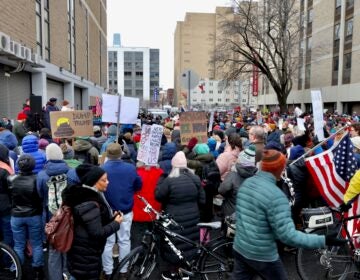 Hundreds of protesters gather outside the Philadelphia Immigration Court at 9th and Market streets to call for an end to raids by ICE agents.
